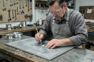 Technicien appliquant du flux sur une tôle de zinc avant brasure tendre en atelier industriel