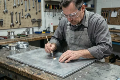 Technicien appliquant du flux sur une tôle de zinc avant brasure tendre en atelier industriel