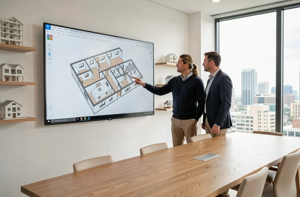 Deux professionnels de l'architecture examinant un plan 3D interactif affiché sur un grand écran en salle de réunion
