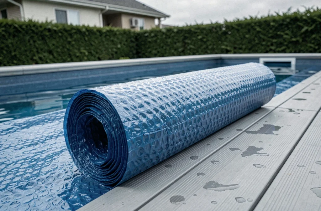 Bâche solaire à bulles déployée sur une piscine extérieure rectangulaire pour maintenir la chaleur de l'eau