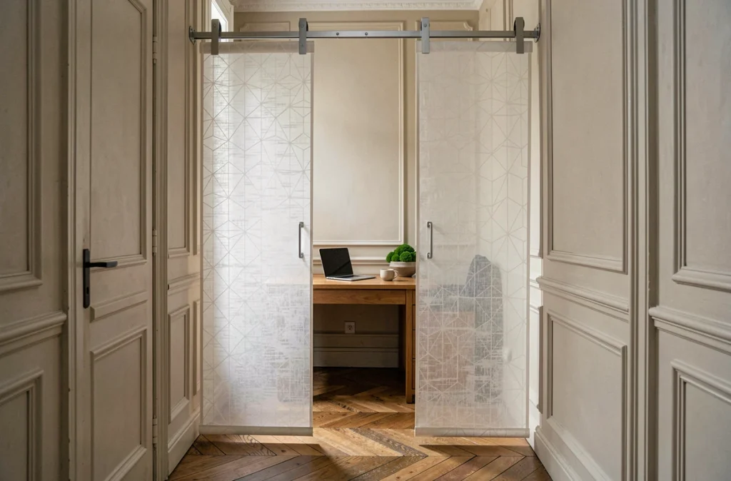 Bureau compact dans appartement parisien séparé par des panneaux japonisants coulissants en tissu translucide à motifs géométriques