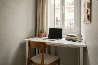 Petit bureau fonctionnel aménagé dans un coin d'appartement parisien avec un bureau blanc mural et une chaise en bois