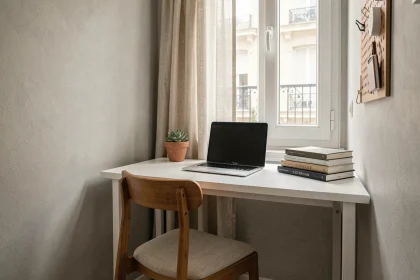 Petit bureau fonctionnel aménagé dans un coin d'appartement parisien avec un bureau blanc mural et une chaise en bois