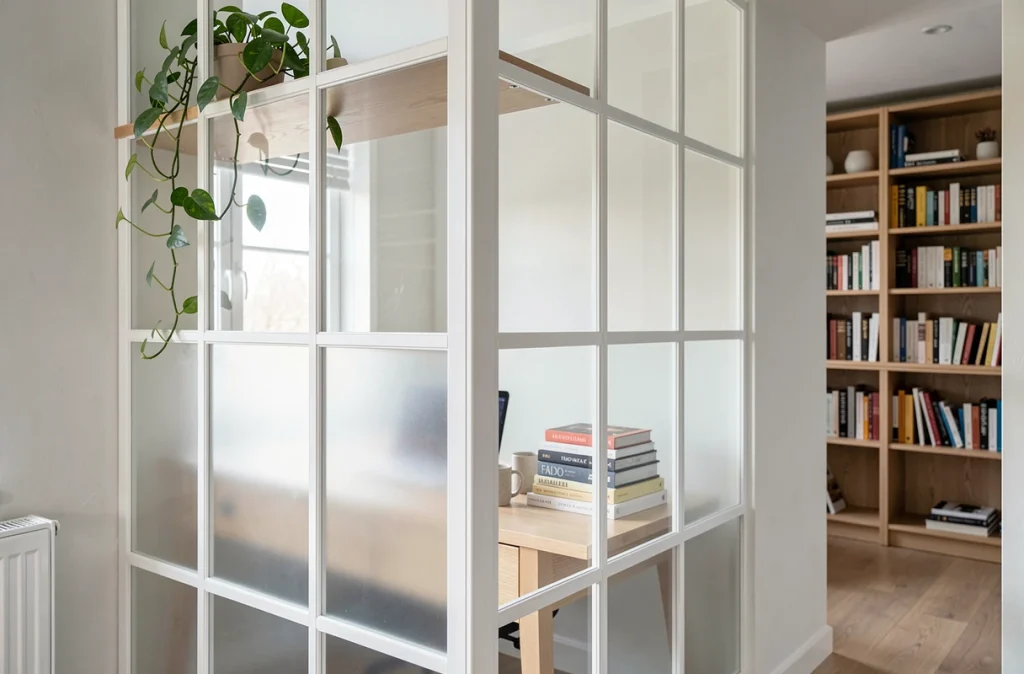 Bureau à domicile lumineux séparé du couloir par une verrière intérieure en acier blanc style scandinave