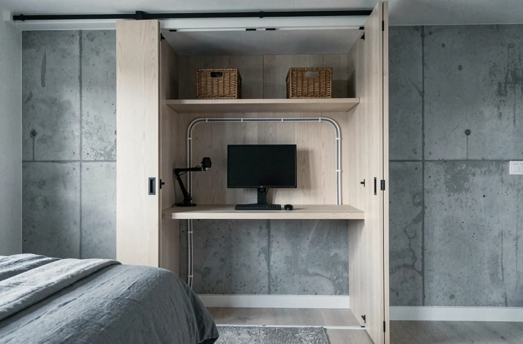 Bureau intégré dans un placard de chambre réaménagé avec étagères en osier et bras moniteur dans un petit logement