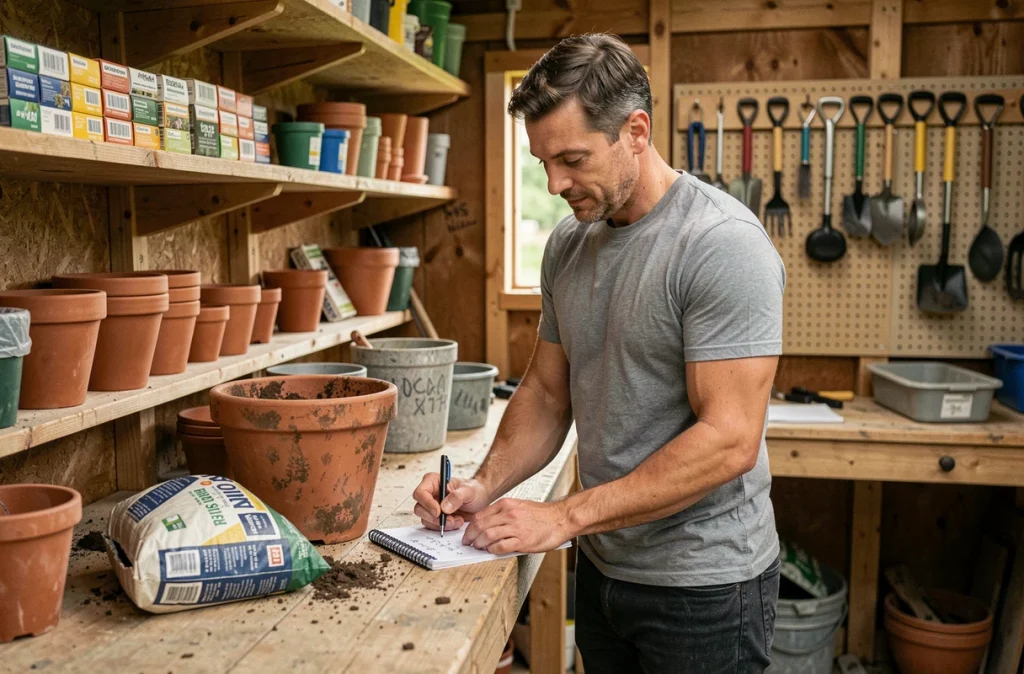 Homme calculant le volume en mètre cube d'un bac à fleurs en terre cuite dans un atelier de jardinage avec notes manuscrites