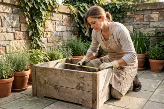 Femme mesurant les dimensions intérieures d'une jardinière en bois sur une terrasse pour calculer son volume en mètre cube