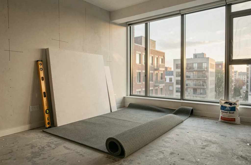 Vue d'ensemble d'un appartement en cours d'isolation phonique avec matériaux acoustiques au sol