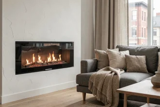Cheminée électrique encastrée dans un mur blanc d'un salon moderne avec canapé gris et parquet en chêne
