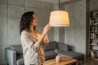 Femme choisissant un luminaire suspendu dans un salon moderne au style scandinave