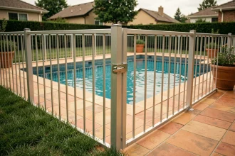 Clôture de sécurité aluminium avec portillon auto-fermant autour d'une piscine familiale dans un jardin résidentiel