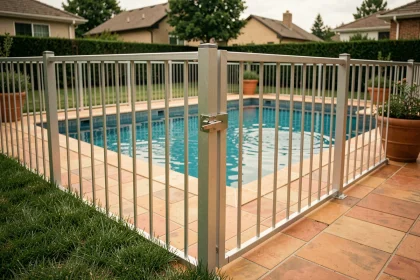 Clôture de sécurité aluminium avec portillon auto-fermant autour d'une piscine familiale dans un jardin résidentiel
