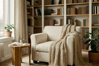 Coin lecture confortable dans un appartement moderne avec fauteuil crème, plaid en laine et bibliothèque intégrée