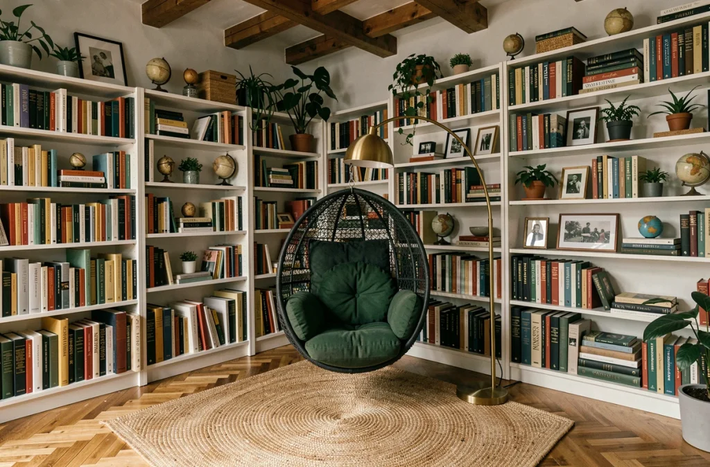 Coin lecture style scandinave avec fauteuil suspendu vert, tapis jute et bibliothèque en bois aux livres variés