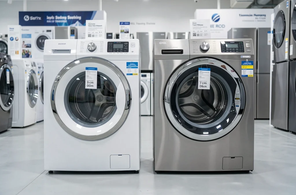 Comparaison de deux machines à laver de hauteurs différentes dans un showroom d'électroménager