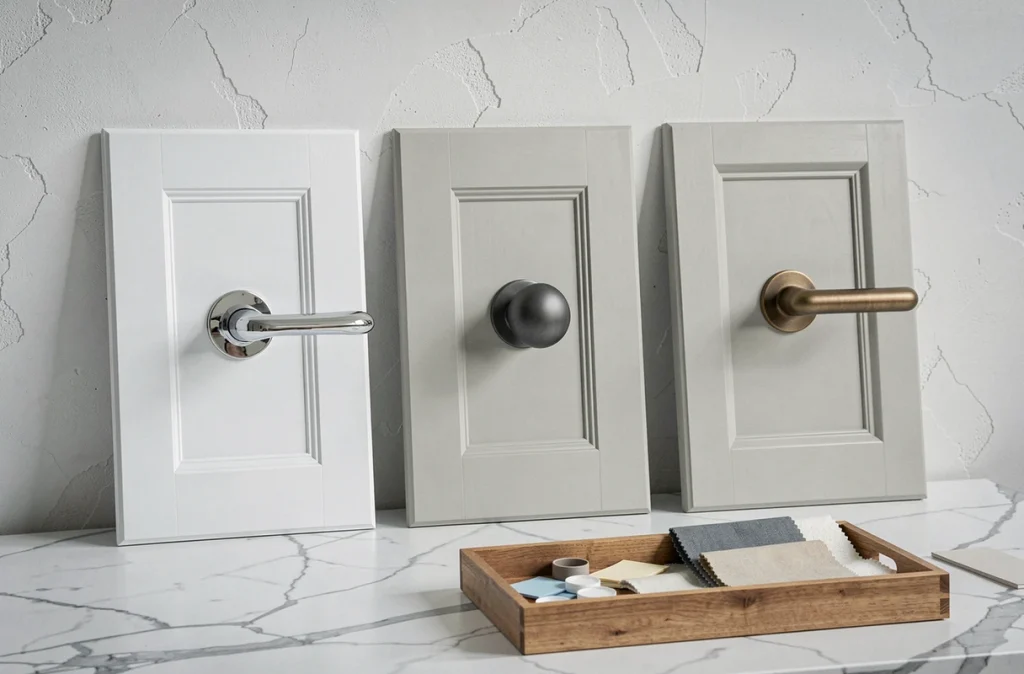 Comparaison de trois poignées de porte en chrome, gunmetal et bronze antique dans un showroom de décoration intérieure