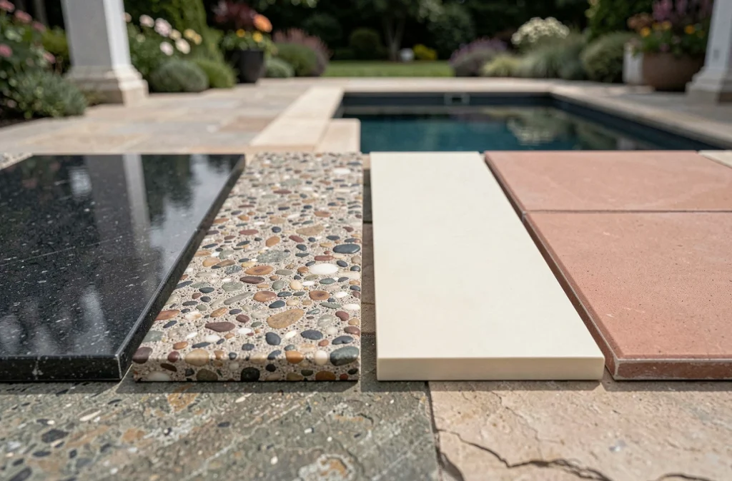 Comparatif de quatre revêtements de piscine différents : liner, enduit de marbre, gelcoat et carrelage céramique, présentés côte à côte sur une dalle en pierre