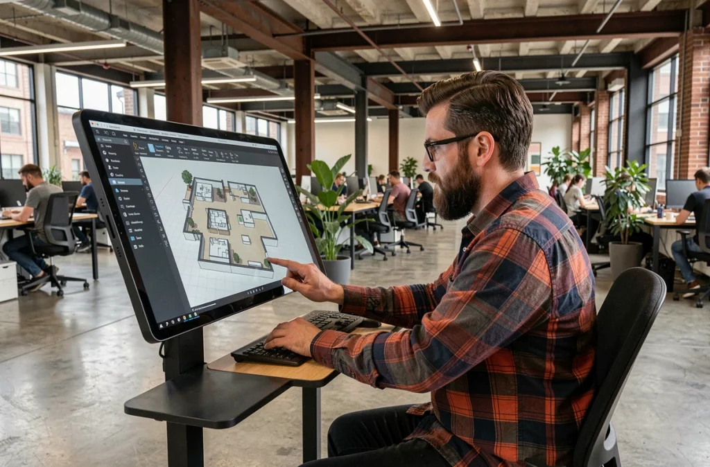 Homme barbu travaillant sur un logiciel de conception 3D de plans d'intérieur dans un espace de coworking moderne