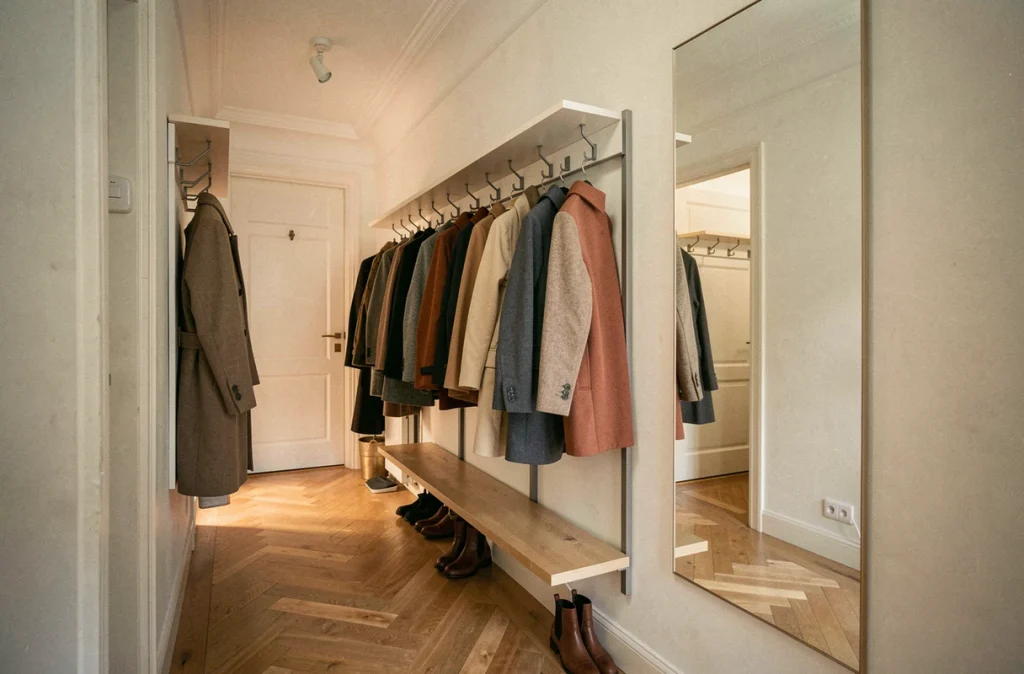 Vue grand angle d'un couloir hausmannien rénové avec système de porte-manteau mural modulaire long, banc en bois et miroir sans cadre