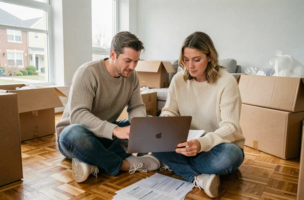 Couple dans leur nouveau logement en train de gérer le transfert de leur assurance habitation entourés de cartons de déménagement