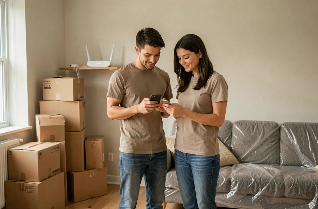 Couple consultant des offres internet sur smartphone dans leur nouvel appartement avec un routeur Wi-Fi installé en arrière-plan