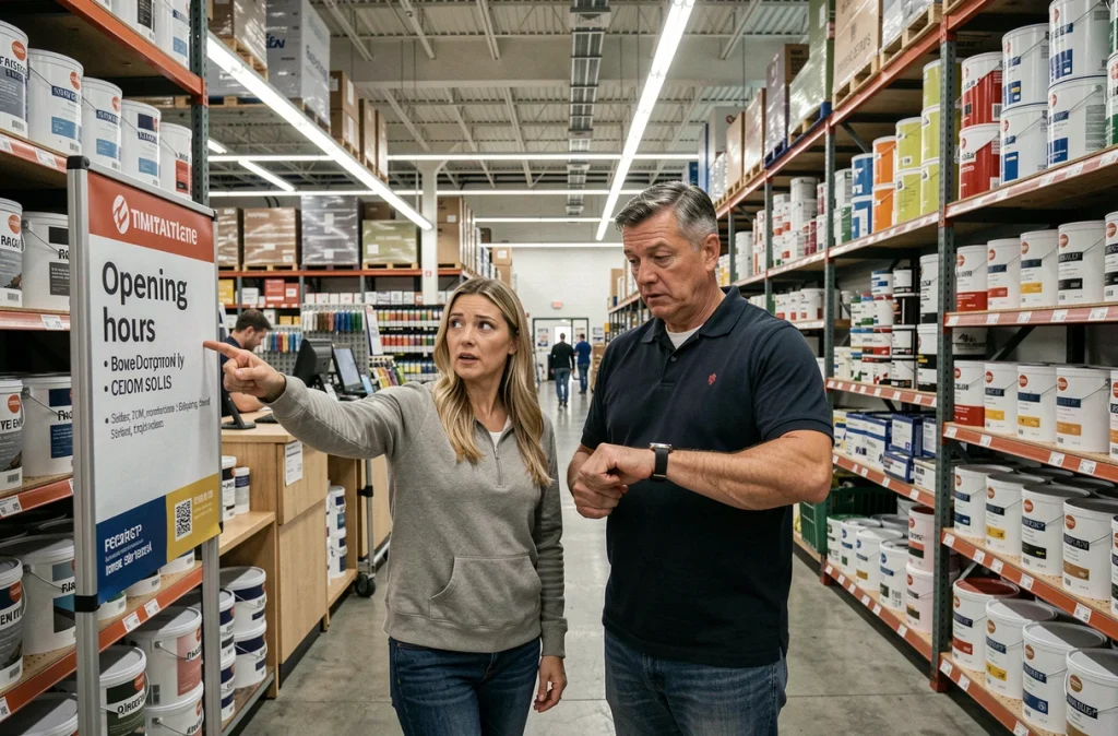Couple consultant un panneau d'horaires d'ouverture à l'intérieur d'un grand magasin de bricolage