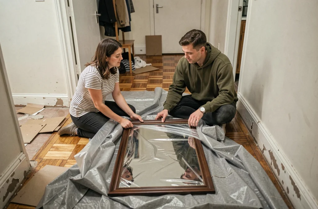 Deux personnes emballant un grand miroir fragile avec des couvertures de déménagement et du film étirable dans un couloir