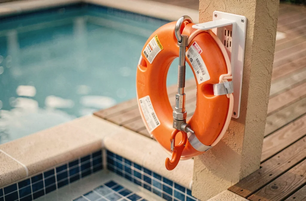 Bouée de sauvetage orange et perche de secours fixées au bord d'une piscine résidentielle avec tapis antidérapant