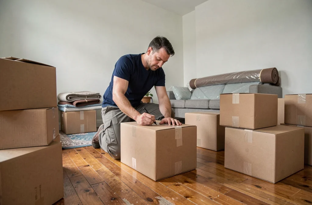 Homme étiquetant des cartons bien emballés et empilés dans un salon vide lors d'un déménagement