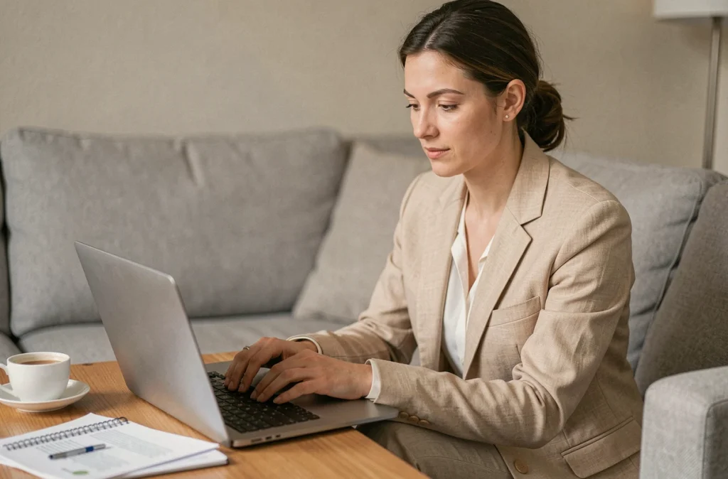 Jeune femme effectuant un changement d'adresse en ligne sur son ordinateur portable dans son salon