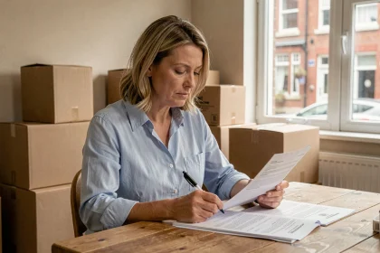 Femme consultant des documents d'assurance habitation pendant un déménagement, entourée de cartons dans un appartement