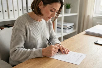 Femme remplissant un formulaire de changement d'adresse administratif à son bureau à domicile