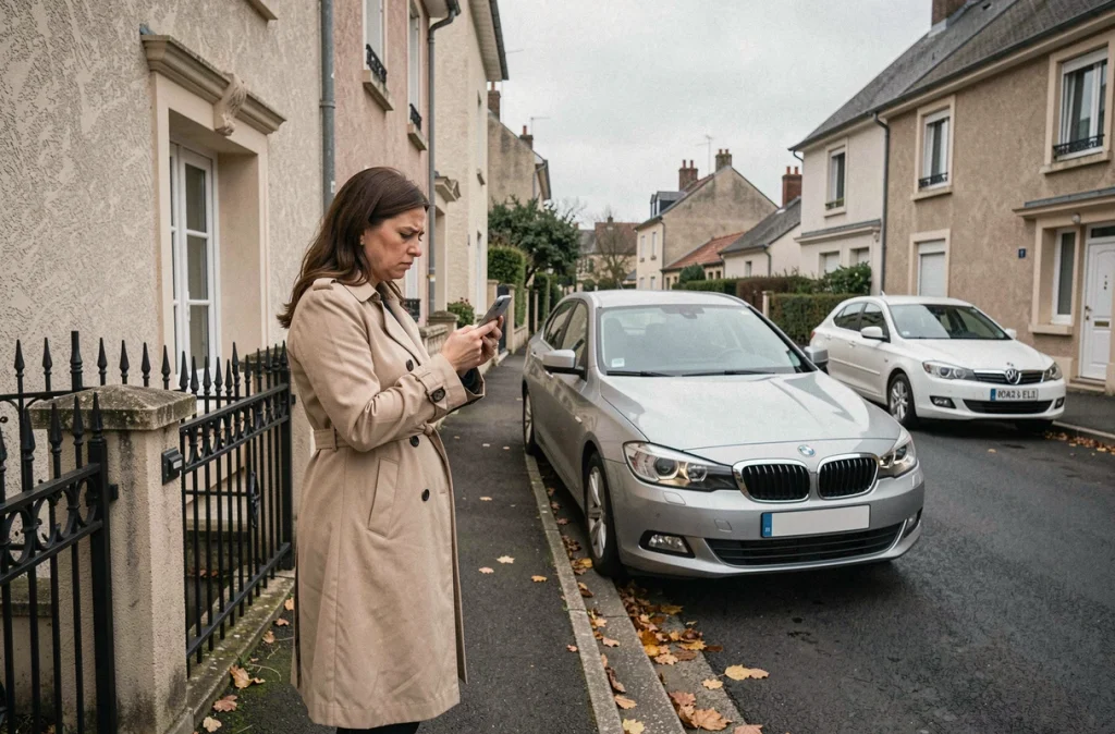 Une femme photographiant avec son téléphone une voiture garée illégalement devant son portail en zone résidentielle