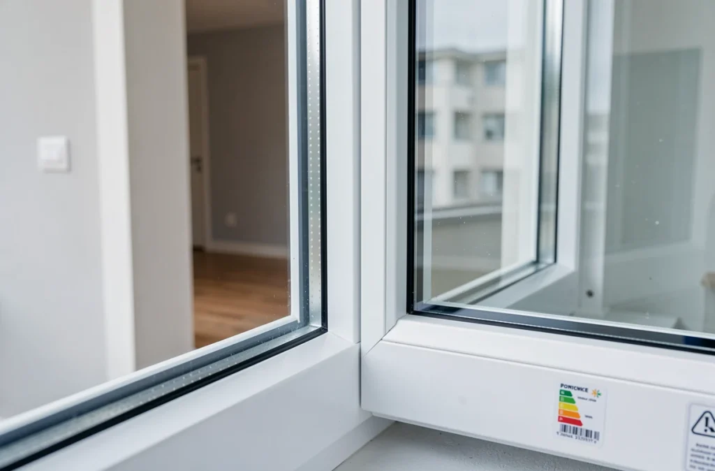 Gros plan sur une fenêtre à double vitrage avec espace d'air visible et cadre PVC dans un appartement rénové