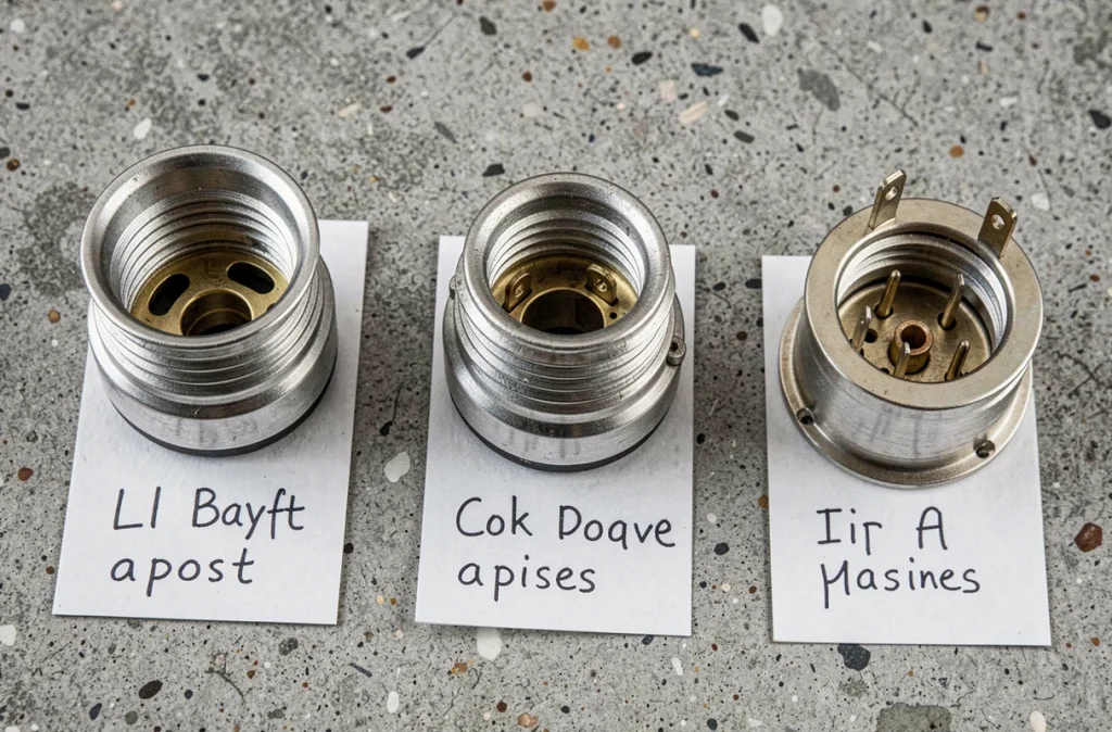 Gros plan sur trois types de culots d'ampoules différents pour faciliter leur identification