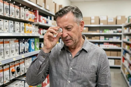 Homme examinant un culot d'ampoule dans un magasin de bricolage pour identifier le bon modèle