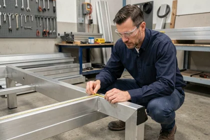 Ingénieur mesurant un tube en aluminium rectangulaire sur un cadre de remorque en atelier de fabrication métallique