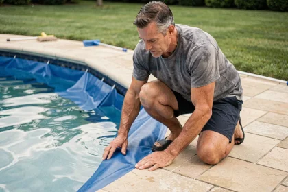 Homme inspectant le liner d'une piscine extérieure en détectant une fissure sur la membrane en vinyle