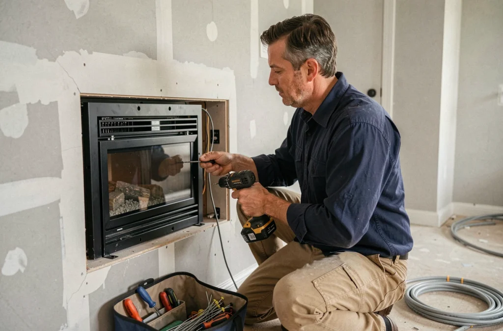 Installateur professionnel en train de monter une cheminée électrique dans la cloison d'un salon en rénovation
