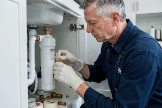 Plombier installant un système de filtration d'eau sous l'évier dans une cuisine moderne