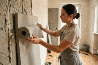 Femme appliquant des panneaux d'isolation acoustique sur un mur intérieur d'appartement parisien