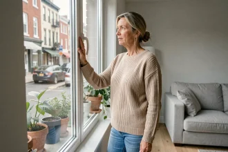 Locataire inspectant le double vitrage d'une fenêtre dans un appartement moderne