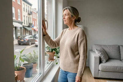 Locataire inspectant le double vitrage d'une fenêtre dans un appartement moderne