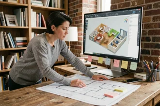 Femme utilisant un logiciel de plans 3D sur un ordinateur dans un bureau aménagé avec des plans architecturaux imprimés