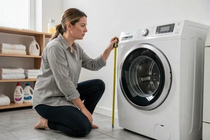Femme mesurant la hauteur d'une machine à laver avec un mètre ruban dans une buanderie moderne