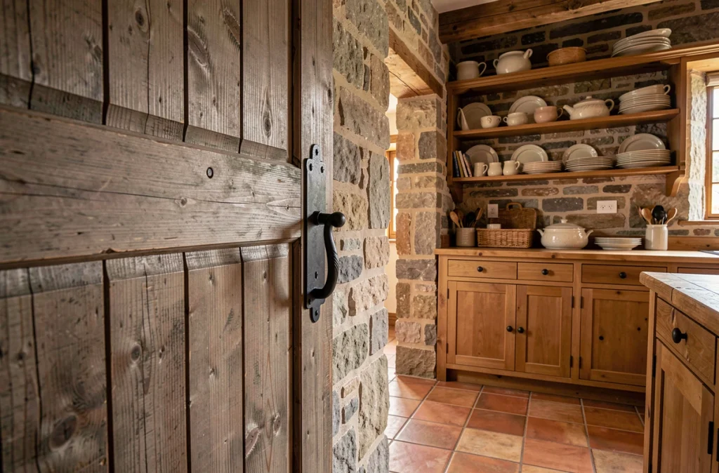 Poignée de porte en fer noir mat sur une porte en bois brut dans une cuisine rustique en pierre