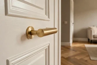 Poignée de porte en laiton brossé sur une porte blanche dans un appartement moderne au parquet en chêne