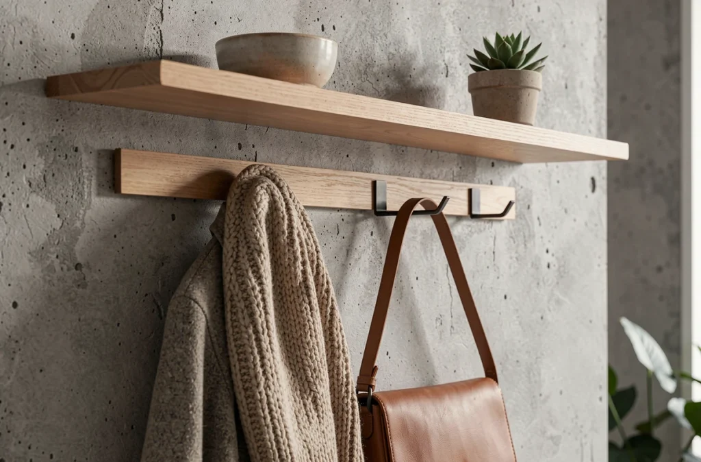 Gros plan d'un porte-manteau mural minimaliste en bois et métal dans une entrée de style scandinave avec accessoires vestimentaires