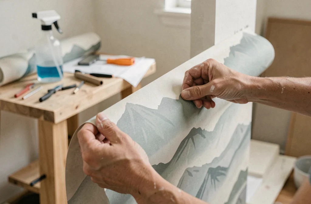 Décorateur posant un papier peint panoramique paysage montagne en bleu-gris sur un mur, gros plan sur la mise en place du lé
