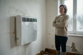 Femme en pull de laine observant un radiateur à accumulation électrique fixé sur un mur mal isolé dans un appartement ancien